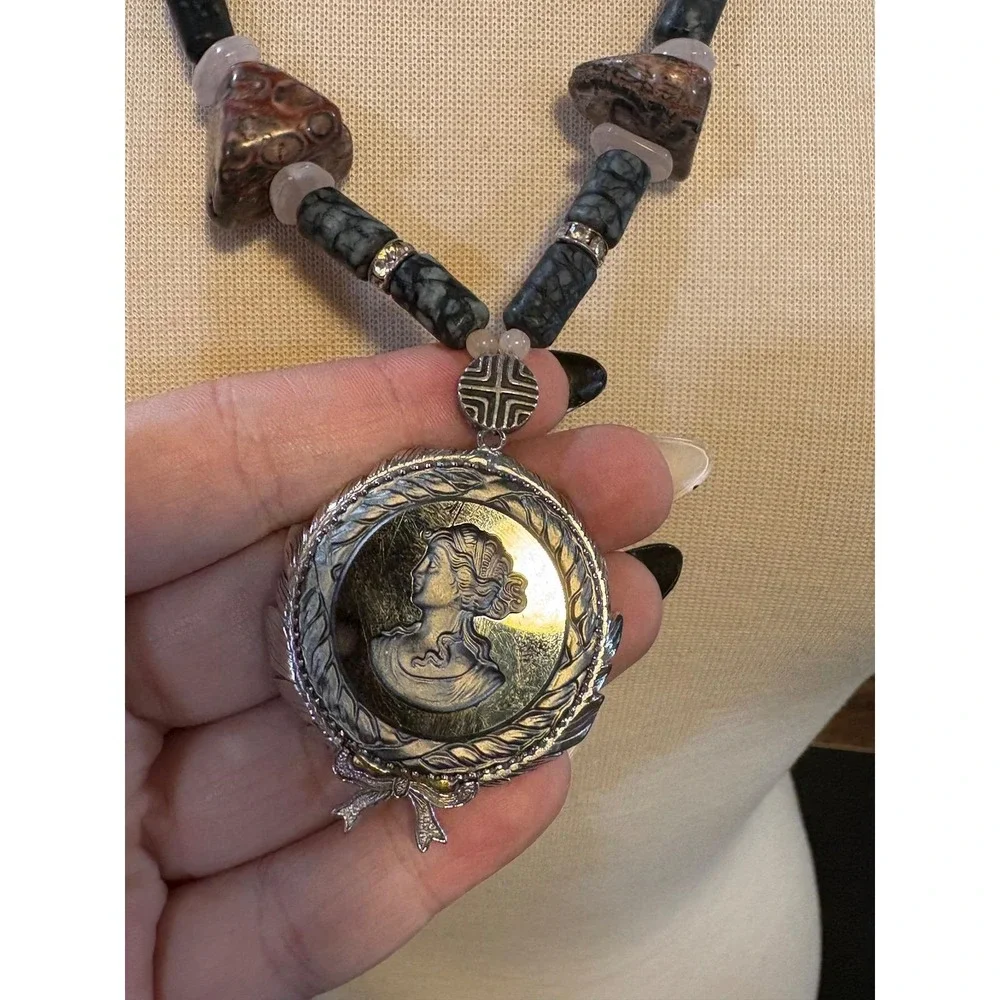 Vintage‎ Beaded Long Cameo Pendant Necklace Mixed Natural Stone Statement
